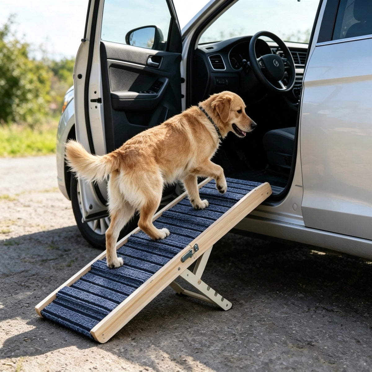 Foldable Wooden Dog Ramp with 4 Adjustable Heights - High Traction Pet Stairs for Bed, Sofa, and Vehicle