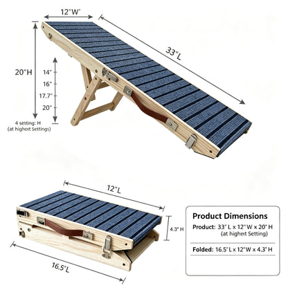 Foldable Wooden Dog Ramp with 4 Adjustable Heights - High Traction Pet Stairs for Bed, Sofa, and Vehicle