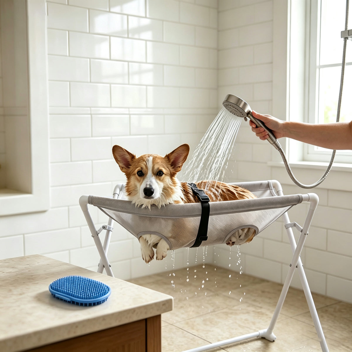 Foldable Pet Bathing Stand with Hammock and Restraint Straps - Stainless Steel Dog Wash Station for Small and Medium Pets