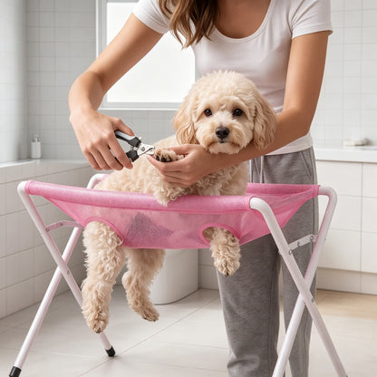 Foldable Pet Bathing Stand with Hammock and Restraint Straps - Stainless Steel Dog Wash Station for Small and Medium Pets