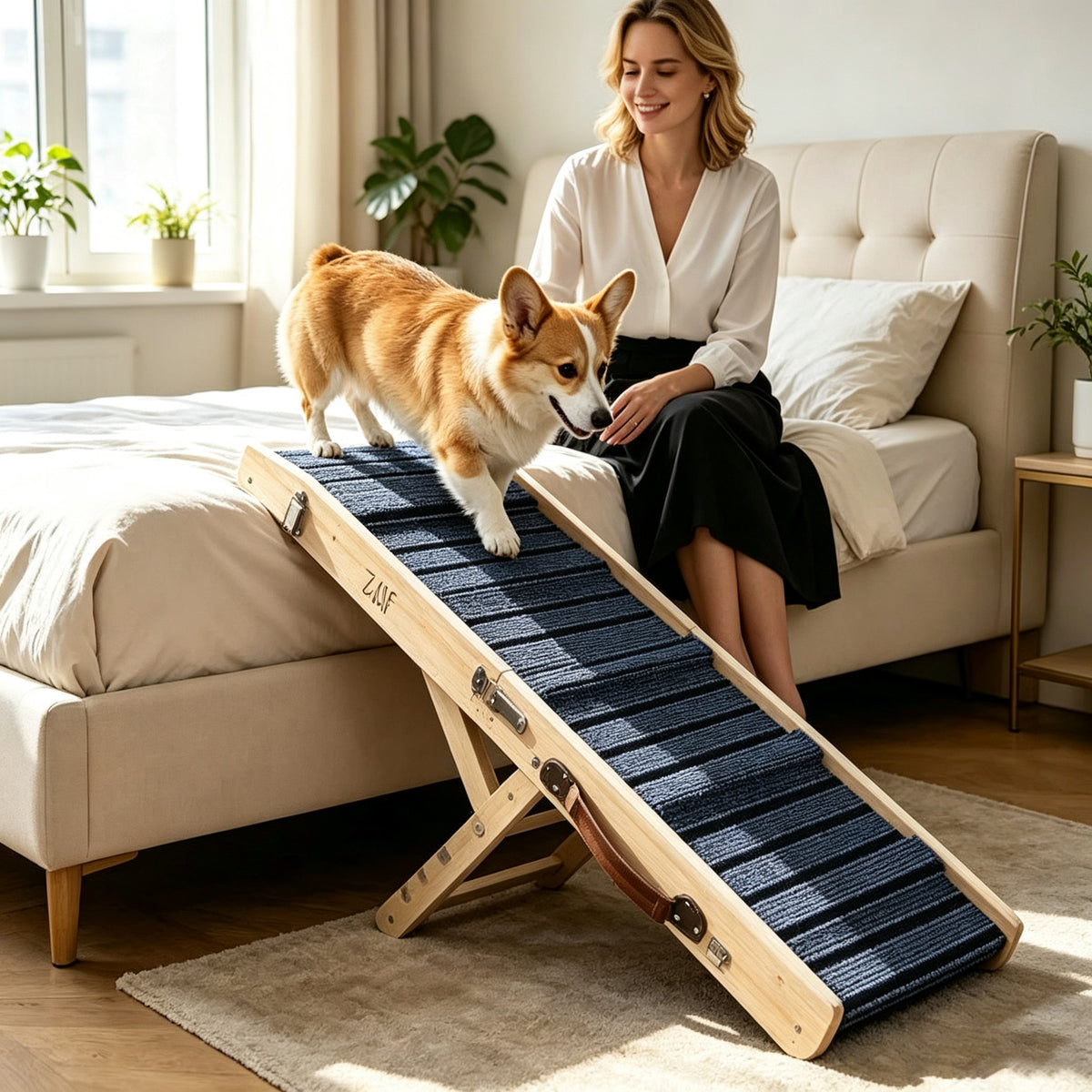 Foldable Wooden Dog Ramp with 4 Adjustable Heights - High Traction Pet Stairs for Bed, Sofa, and Vehicle